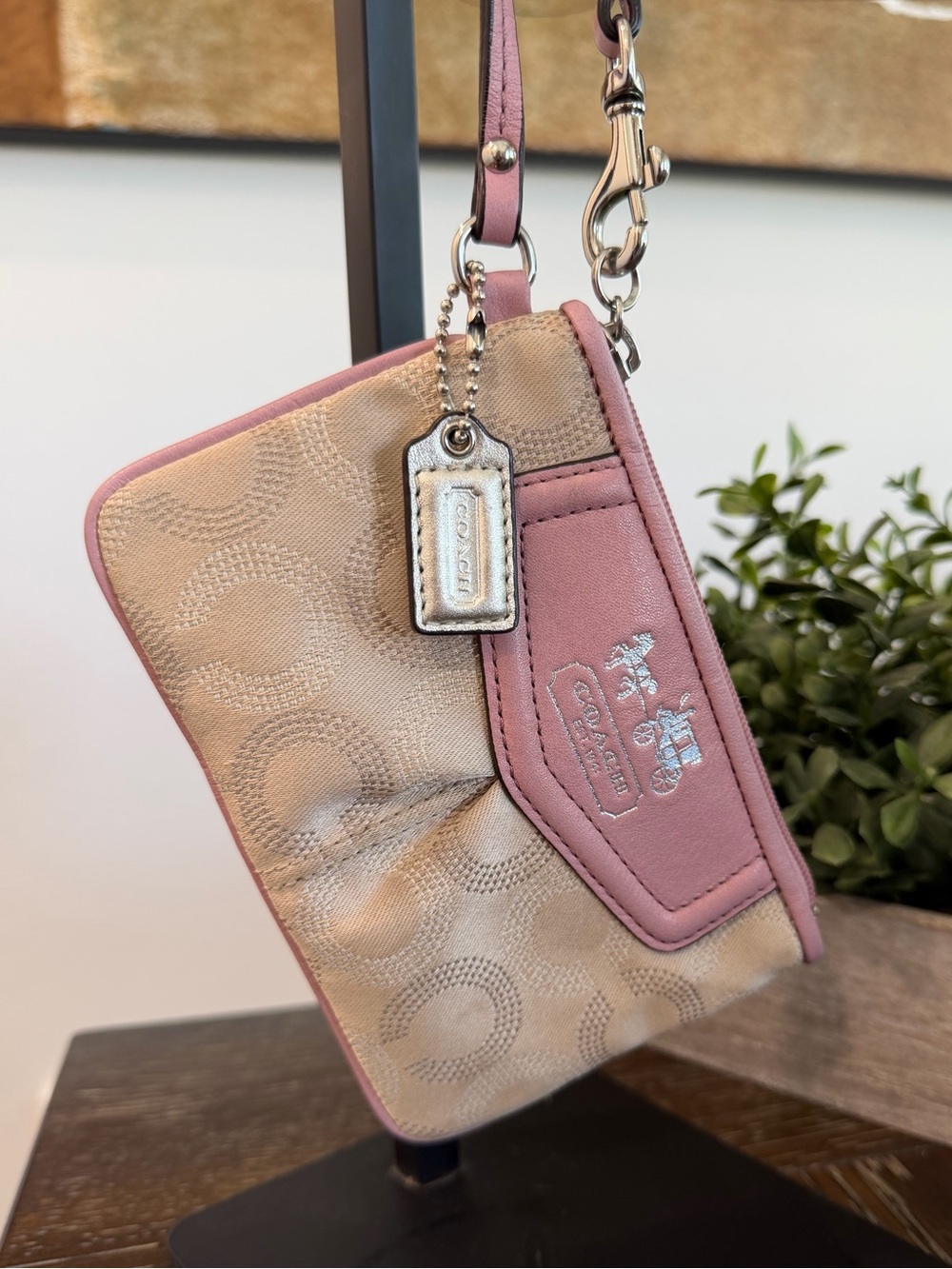 Coach Ashley Beige Signature Wristlet with Pink Leather Trim